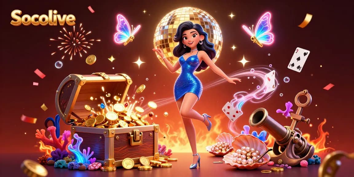 Socolive offers an immersive gaming experience with vibrant graphics, featuring a glamorous woman and dazzling game elements.