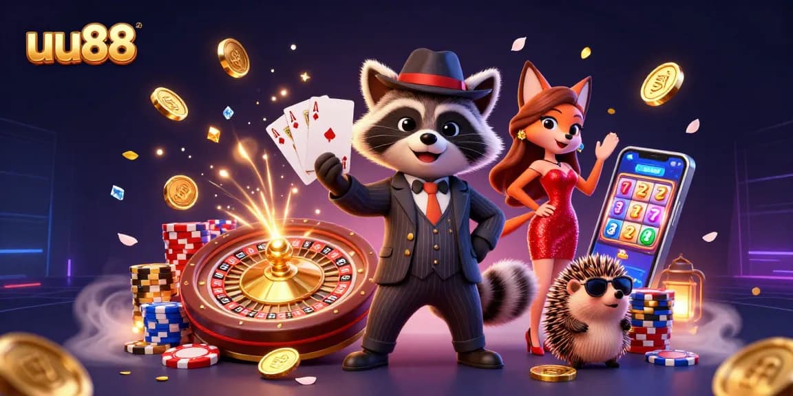 Experience the thrill of uu88 with characters celebrating a jackpot featuring coins, gems, and a royal flush.