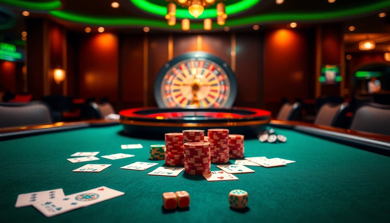 Players engaging with UU88's casino table, illuminated by vibrant lights and luxurious decor.