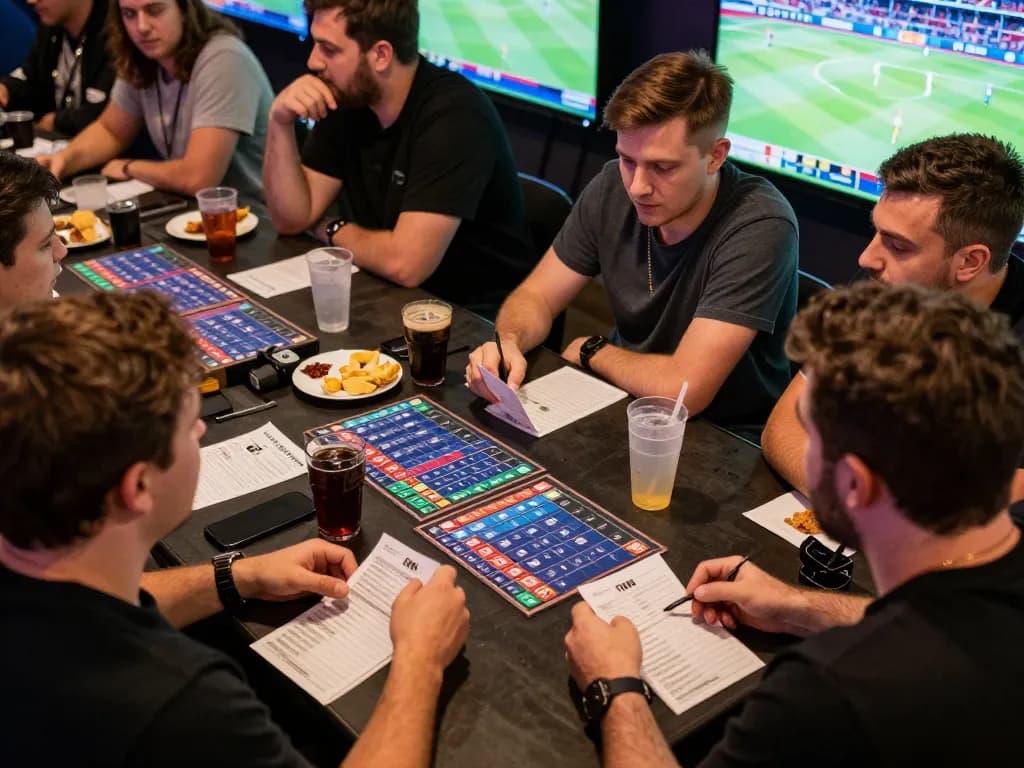 Friends placing bets on fabet during an exciting sports night with screens showing live games