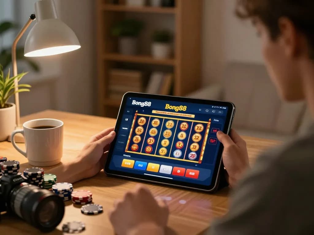 Engaging in online casino slots at home using the bong88 app on a tablet with cozy ambiance