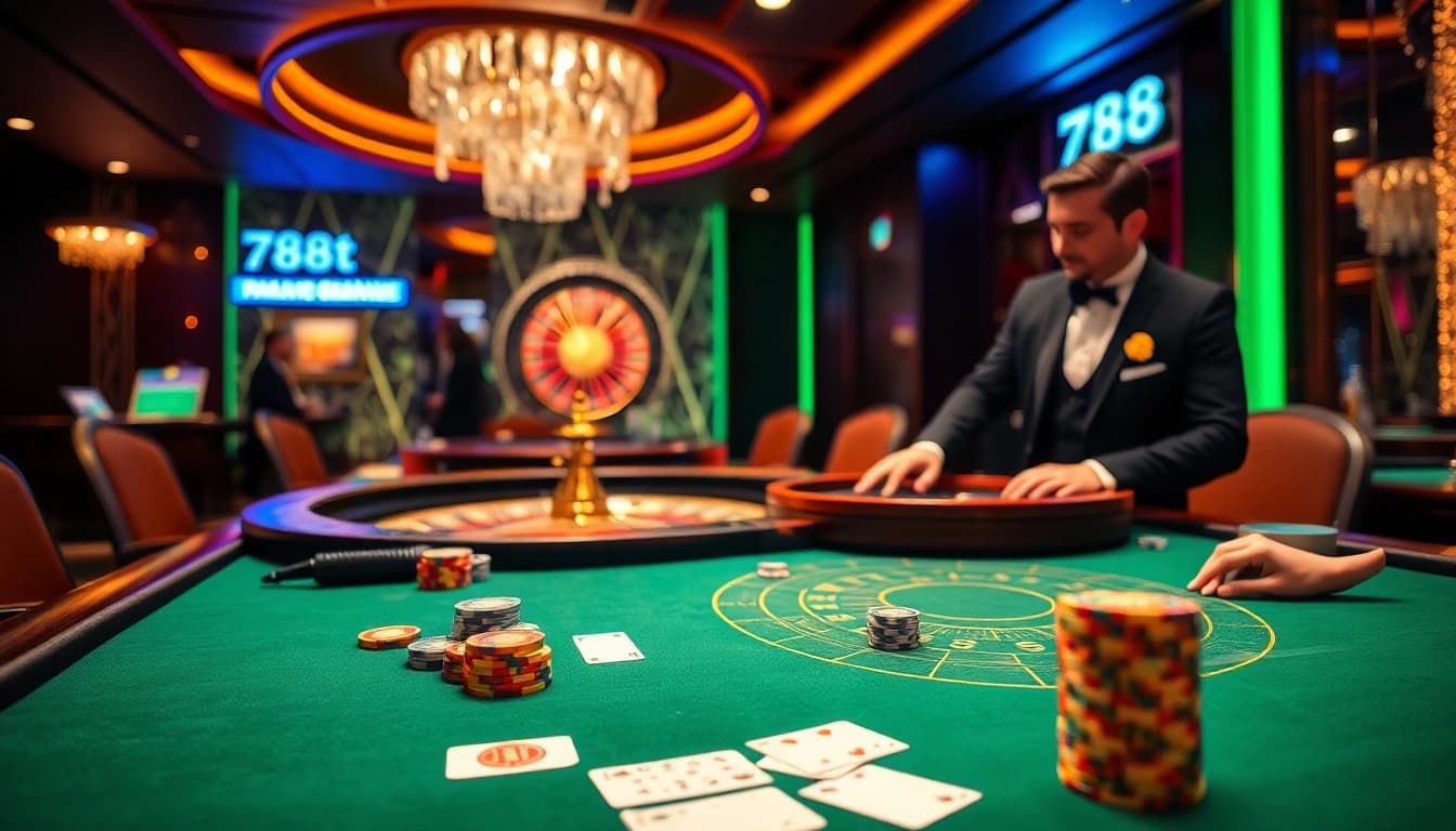 788t casino experience with vibrant poker table, luxurious ambiance, and professional dealer actions.