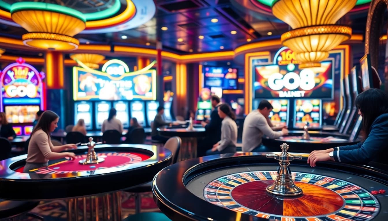 Go 8 casino gaming scene with vibrant slot machines and roulette tables in a luxurious setting.