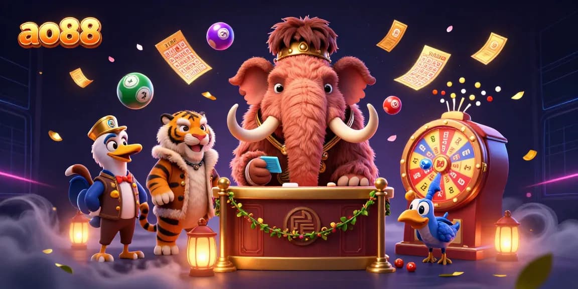 Experience thrilling gameplay with ao88 as a woolly mammoth bouncer greets a saber-tooth VIP amidst vibrant lottery elements.