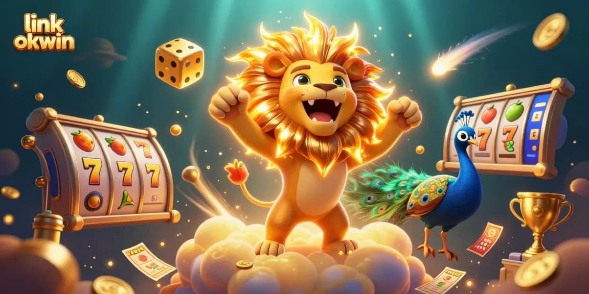 Engage with link okwin in a vibrant casino adventure featuring roaring lion, slot reels, and glimmering trophies.