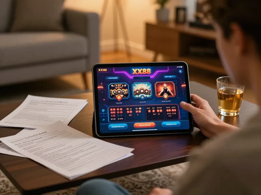 Player engaging in online gaming on XX88 platform, showcasing strategy and a cozy home setup.