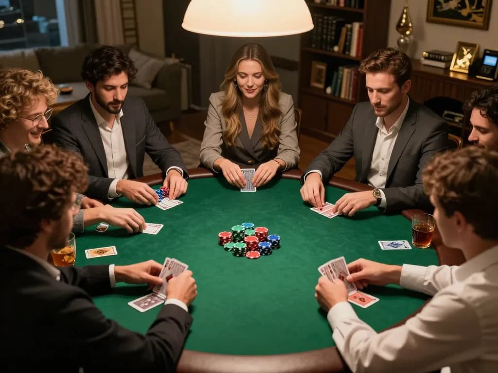 Players strategically engaged in a poker game at home, experiencing 99ok thrills in a cozy atmosphere.