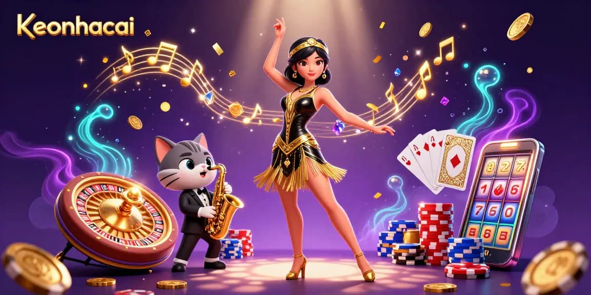 Experience the dynamic energy of keonhacai with vibrant characters dancing amid cascading coins and casino elements.