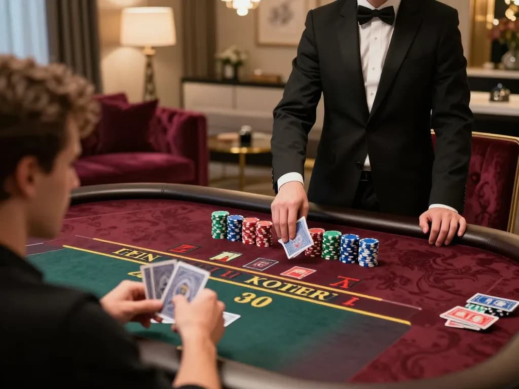Player engaged in an intense MMOO blackjack game, showcasing chips and cards at a luxury online table