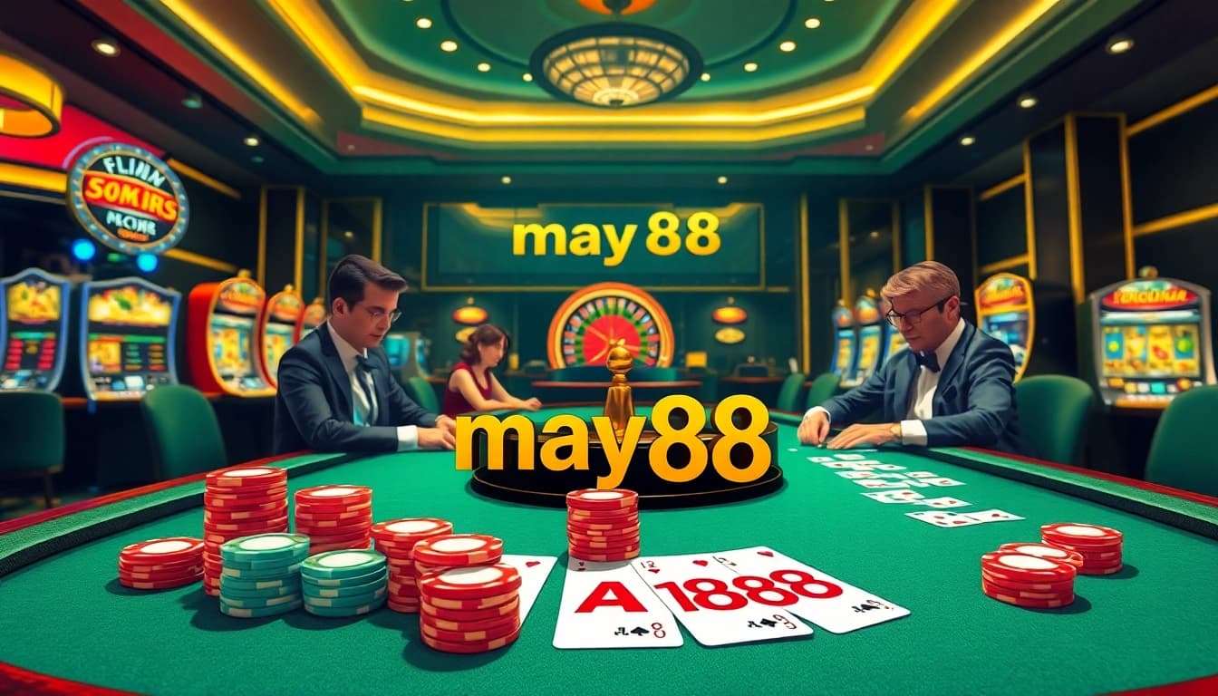Experience high-stakes excitement at may88's poker table with vibrant chips and cards.