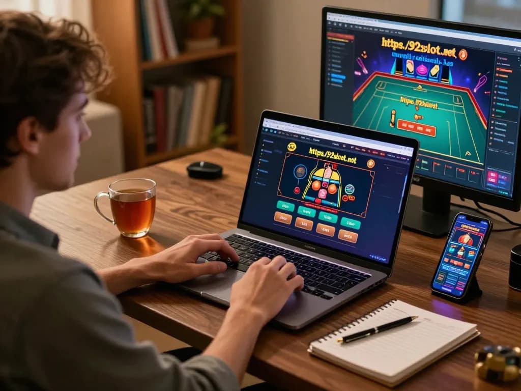 Player engaging with online games at https://92slot.net/ from a cozy home setup with gaming strategy notes.