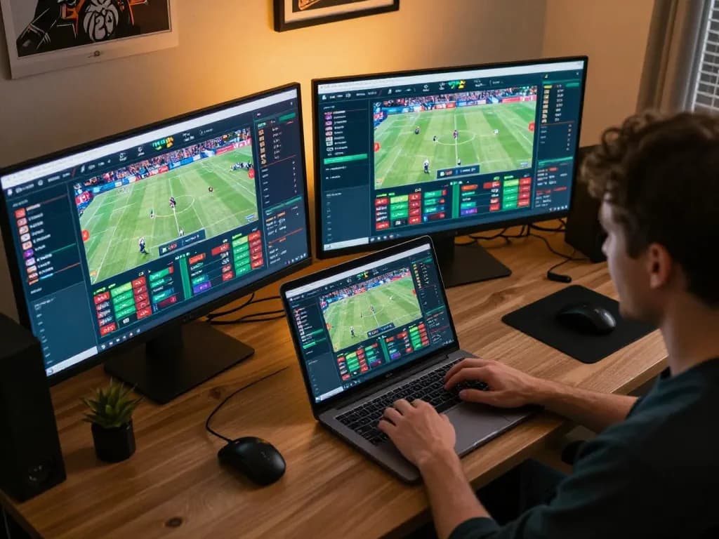 Sbobet user actively placing live sports bets on multiple screens from home