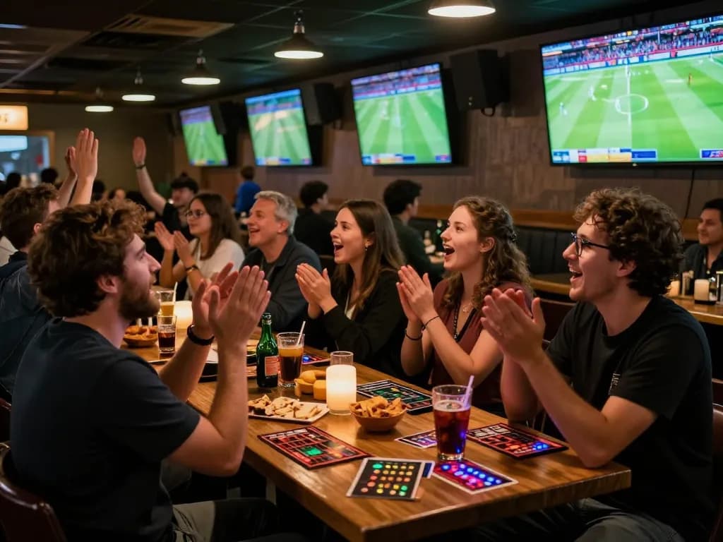Fans celebrating kết quả bóng đá during a lively sports betting event at a crowded sports bar