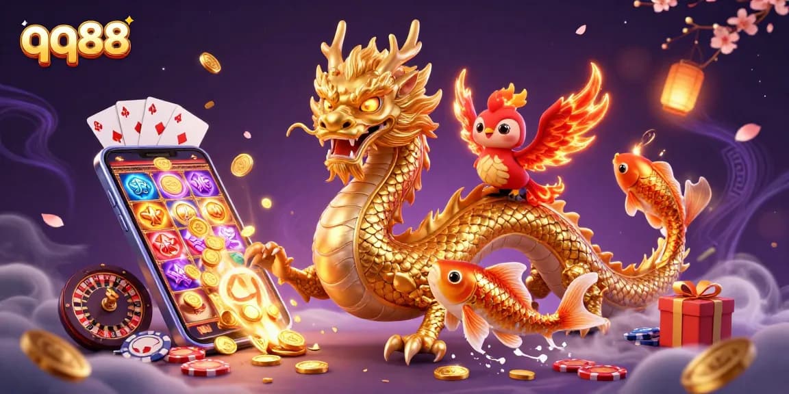 Engage with qq88's vibrant casino experience featuring a dragon, phoenix, and koi fish among gaming elements.