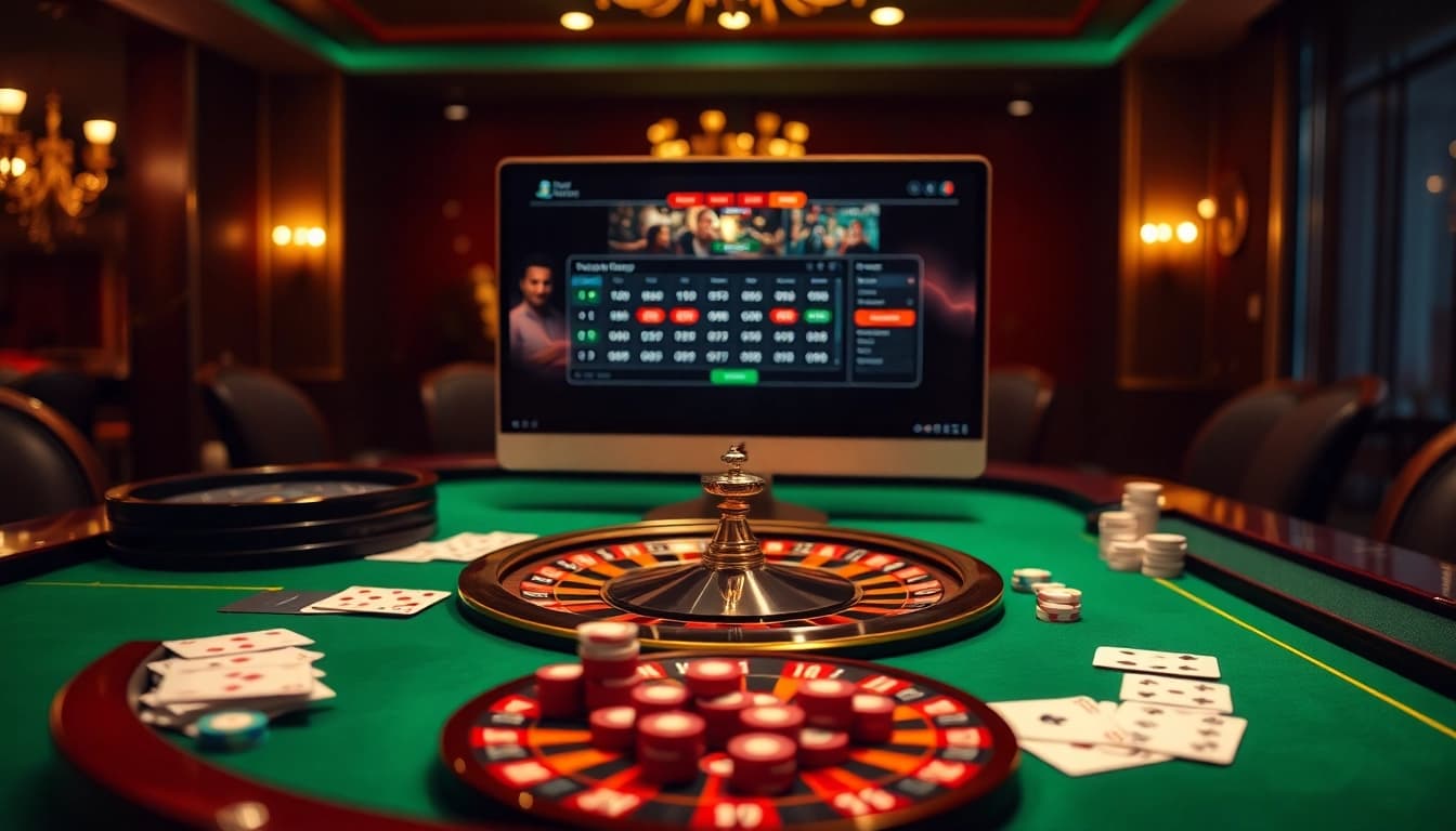 Lodetructuyen online gambling setup featuring a roulette wheel and poker chips, creating an exciting casino atmosphere.