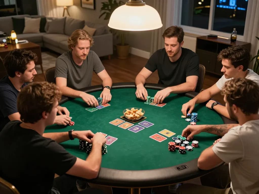 Players at home poker night strategizing their moves in a sin88 game.