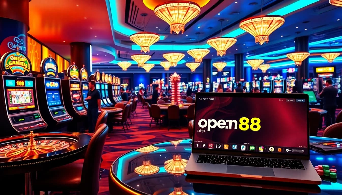 A thrilling gaming scene at open88.ninja showcasing vibrant slot machines and an interactive online gambling interface.