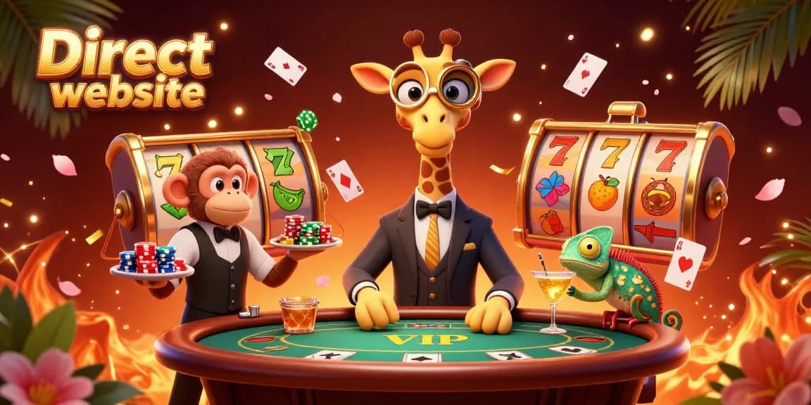 Spin to win at the Direct website with 3D giraffe, monkey, and chameleon enjoying slots.