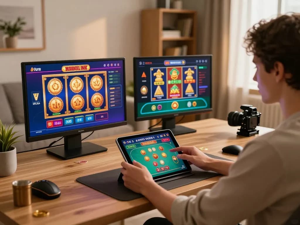 Person enjoying online gaming experience at https://rr88.wales/ on a tablet in a cozy home setting.