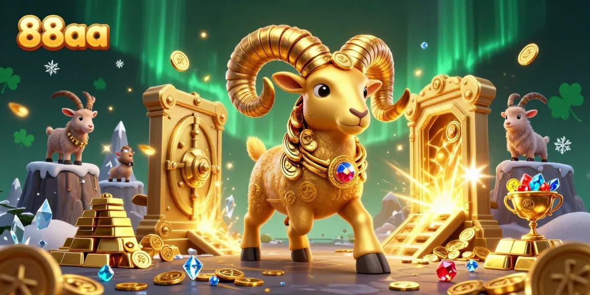 Spin and win at 88aa with a dynamic scene of a golden ram and treasures, showcasing a vibrant gaming experience.