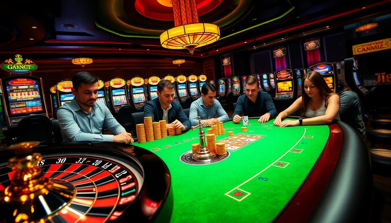 Players enjoy an exciting poker game at the J88 casino, surrounded by roulette and vibrant slot machines.