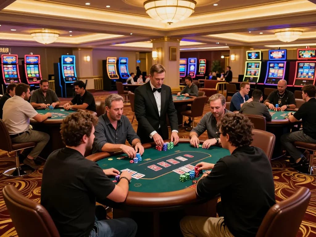 MM88 players enjoying intense poker action on a lively casino floor with chips and cards visible.