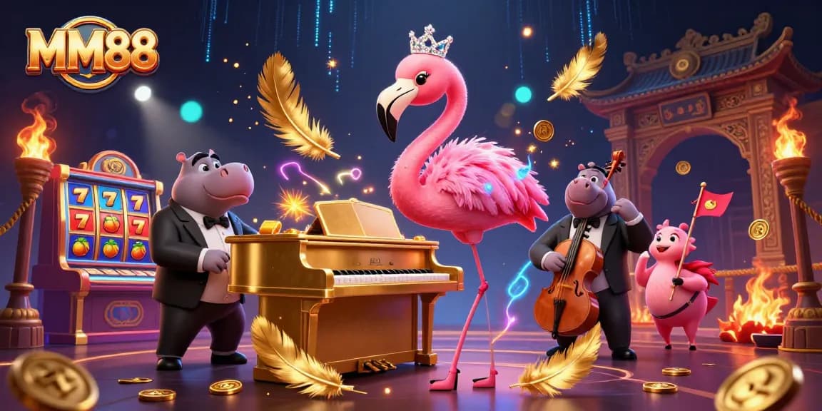 Experience the thrill of MM88 with animated casino elements and vibrant characters in a lively 3D illustration.