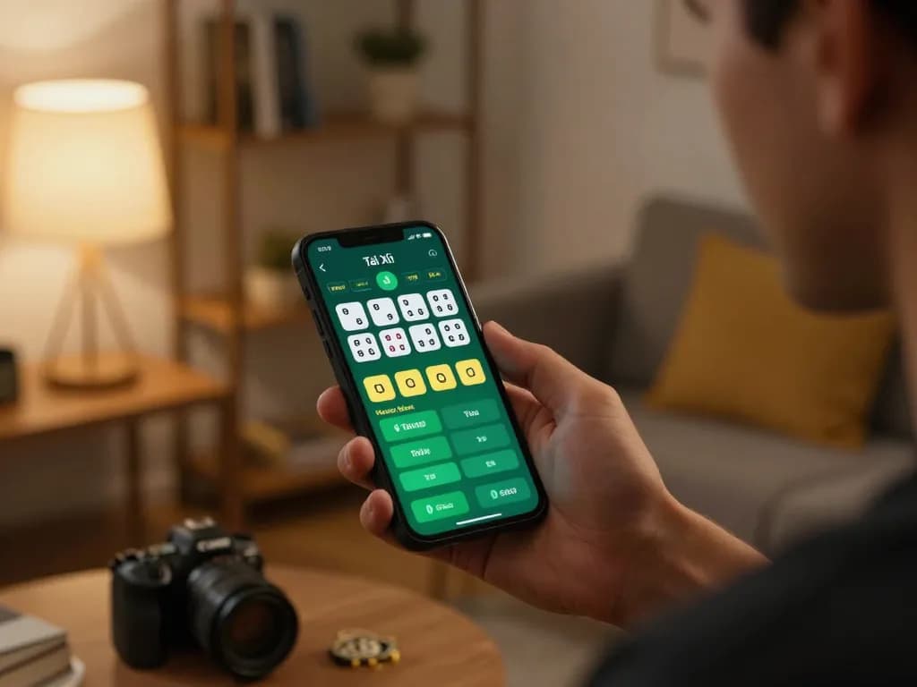 Tài xỉu online uy tín gameplay on smartphone with clear betting interface in cozy home setting.