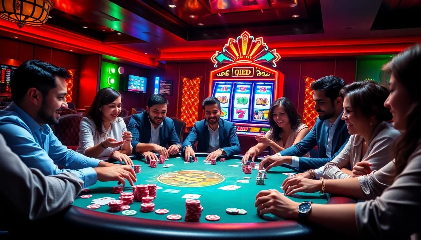 Luckywin online casino scene with players enjoying poker and vibrant slot machines.