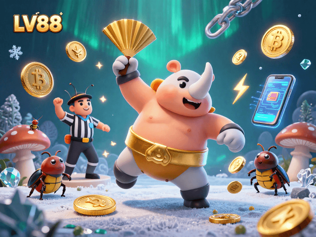 Experience thrilling LV88 gaming with a vibrant illustration of a sumo champion beetle in action.