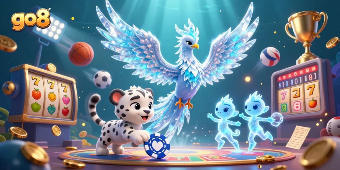 Engage in thrilling games at go8 with an ice phoenix and snow leopard cub surrounded by dynamic casino elements.
