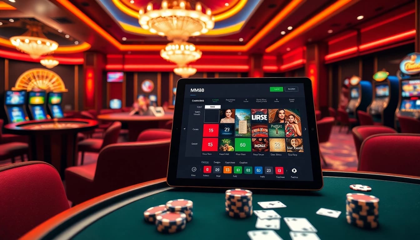 MM88 online gambling interface showcased in a luxurious casino setting with vibrant colors.