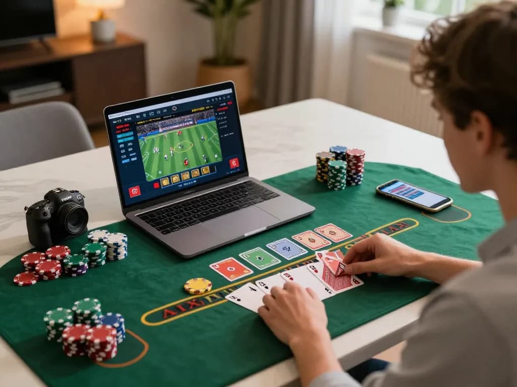 HZ88 player enjoying a live dealer blackjack game at home, showcasing strategic engagement and cozy atmosphere.