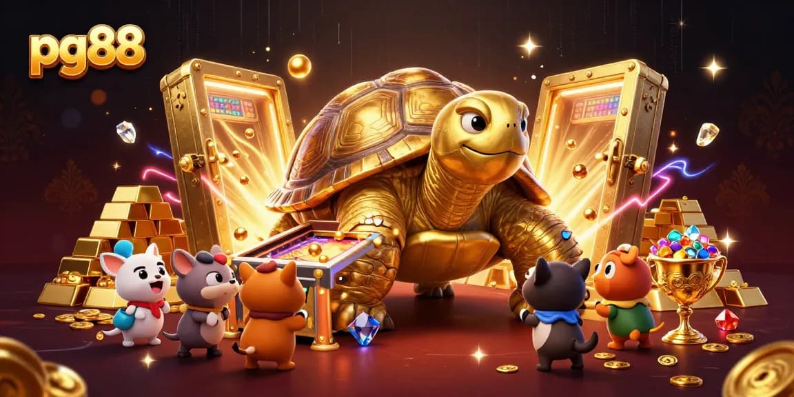 Experience thrilling gaming at pg88 with a 3D tortoise pinball machine surrounded by gold and treasures.