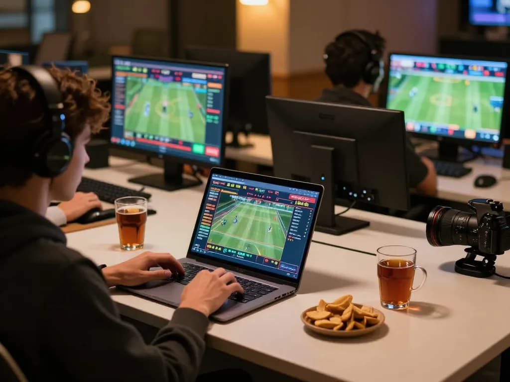 Experience strategic sports betting with lc88 at a modern online gaming setup, vibrant screens and focused atmosphere.