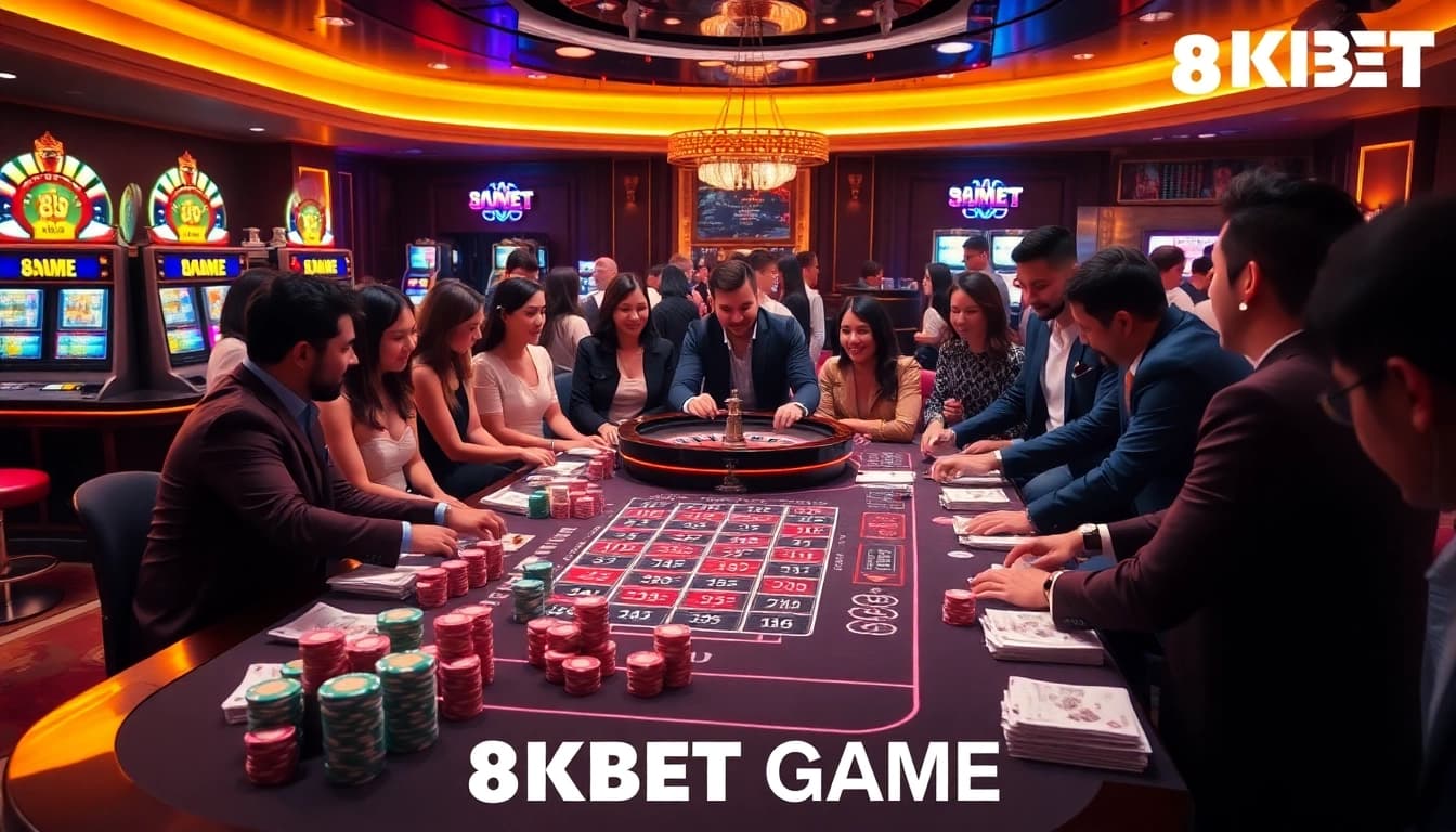 Experience the thrill of 8KBET GAME with vibrant casino visuals featuring players at a lively table.