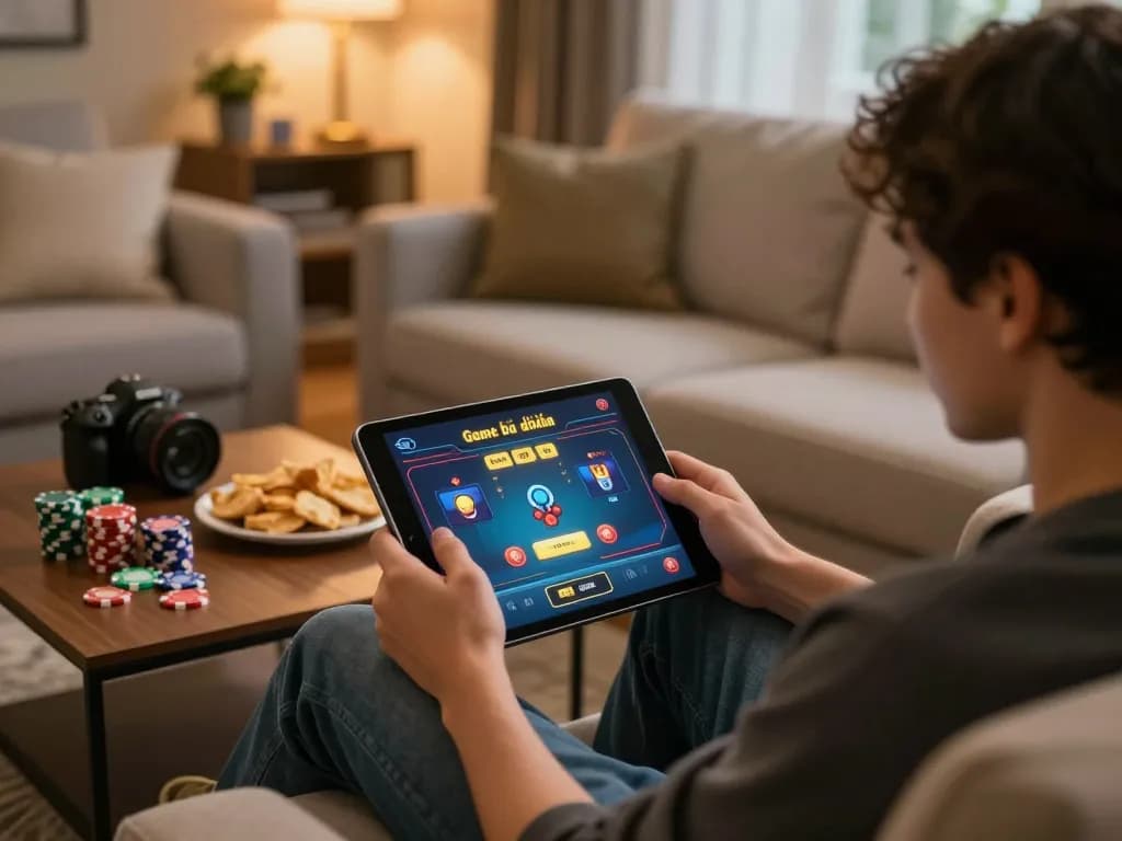 Engaged in a Game bài đổi thưởng on a tablet while enjoying a cozy home atmosphere, showcasing responsible gaming.