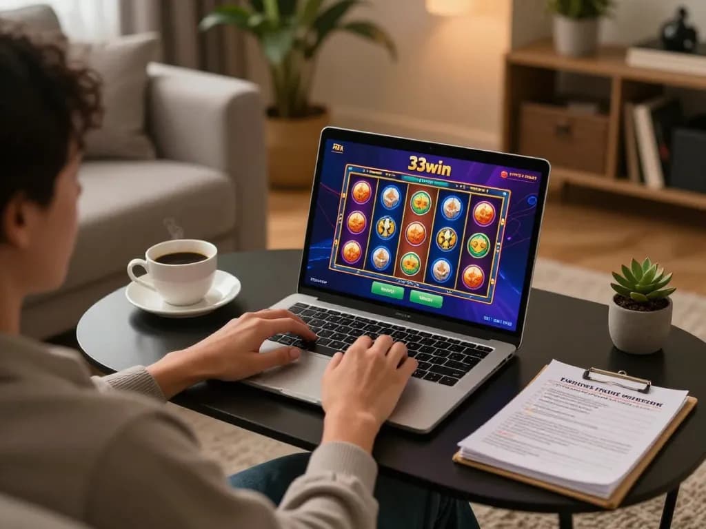 Gaming on 33win platform with colorful slot interface, relaxing on a cozy couch.