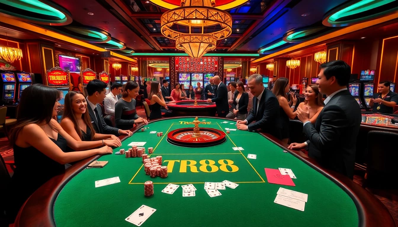 Experience the excitement of TR88 with vibrant casino gaming tables, slot machines, and lively players.