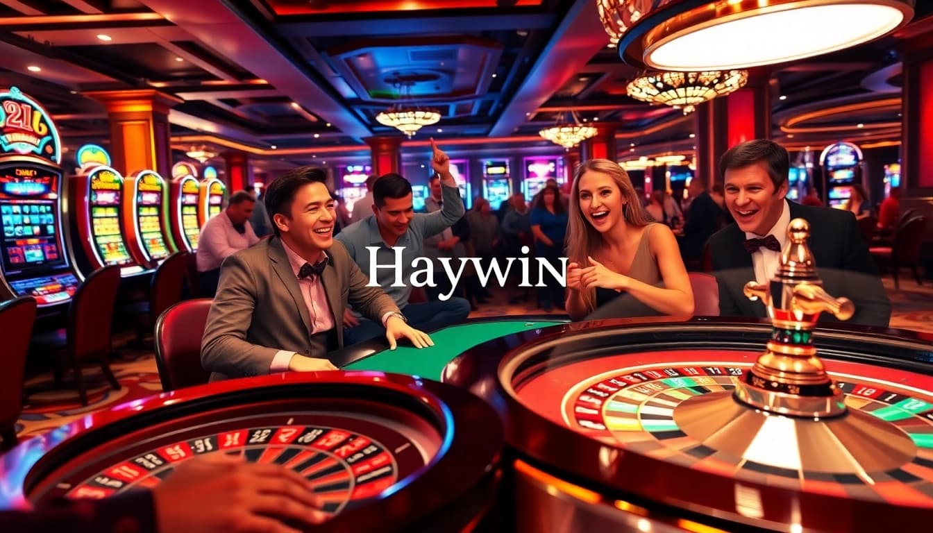 Engaging casino environment at Haywin with poker and roulette tables showcasing excitement.