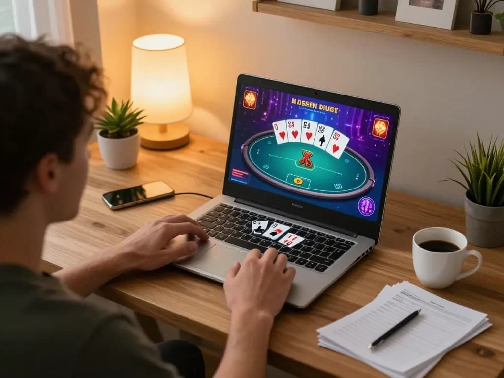 Player engaged in strategic gameplay on BL555 online casino, showcasing poker hands and vibrant graphics.