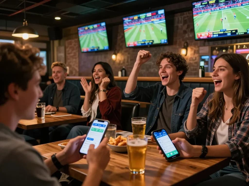 Fans using vebo tv app to place live sports bets in a vibrant bar setting.