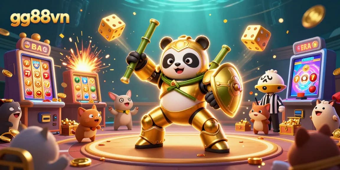 Experience the thrill at gg88vn with a golden panda in a fierce cockfighting arena.