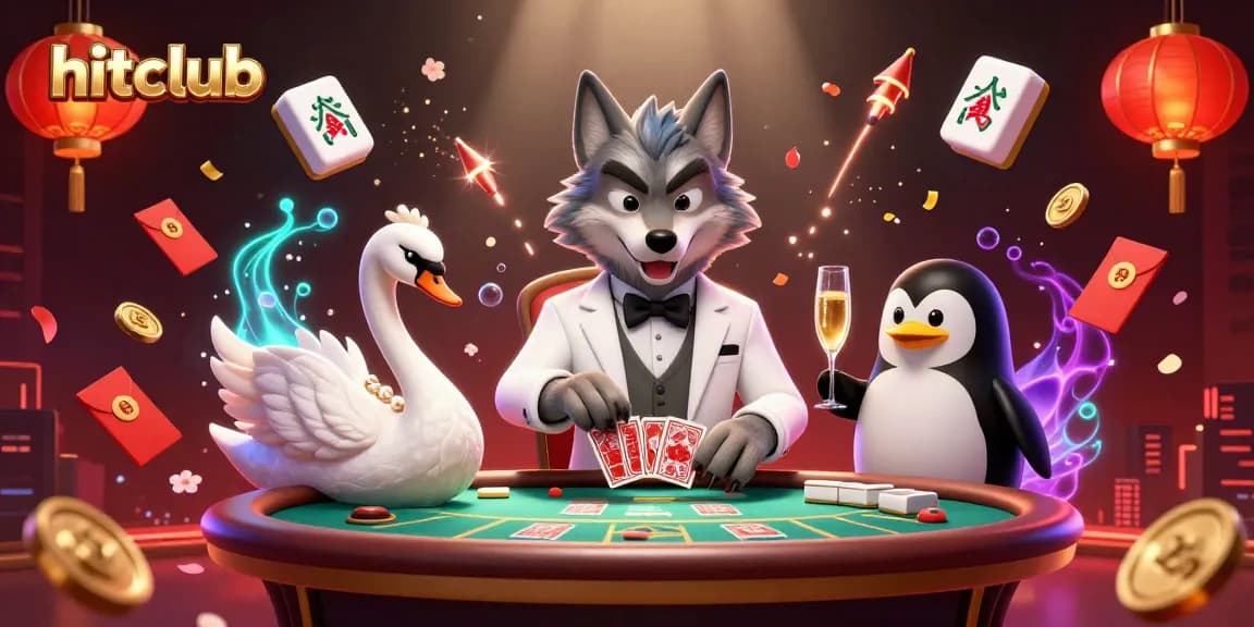 Win big at hitclub, featuring 3D characters engaged in card dealing and champagne presentation amidst festive gaming elements.