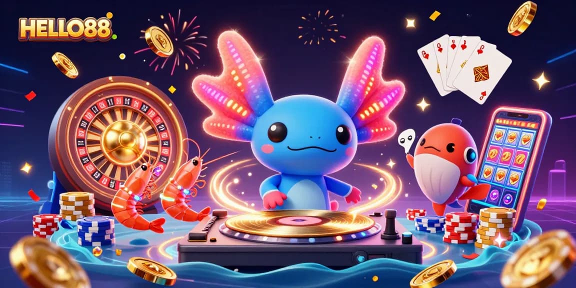 Witness HELLO88's vibrant gaming scene with a neon-colored DJ and dynamic casino elements!
