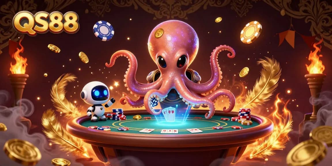 Engage in thrilling poker action with QS88 at a holographic table in a cosmic setting