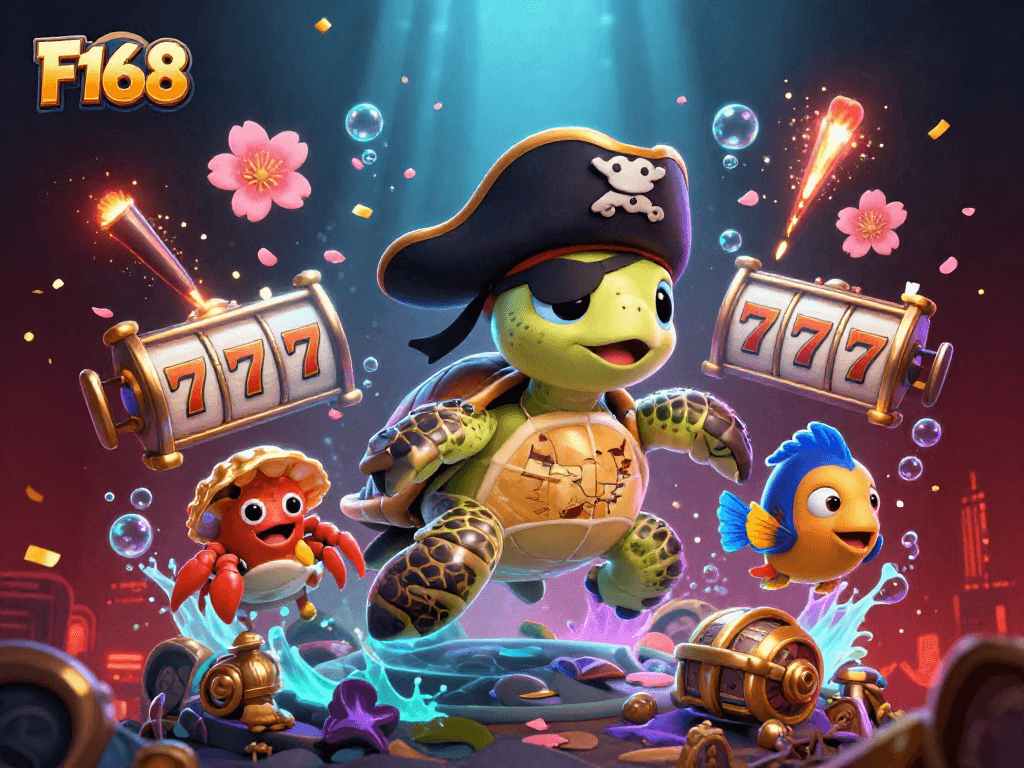 Experience exciting gameplay at F168 with a pirate turtle, treasure, and vibrant slot symbols.