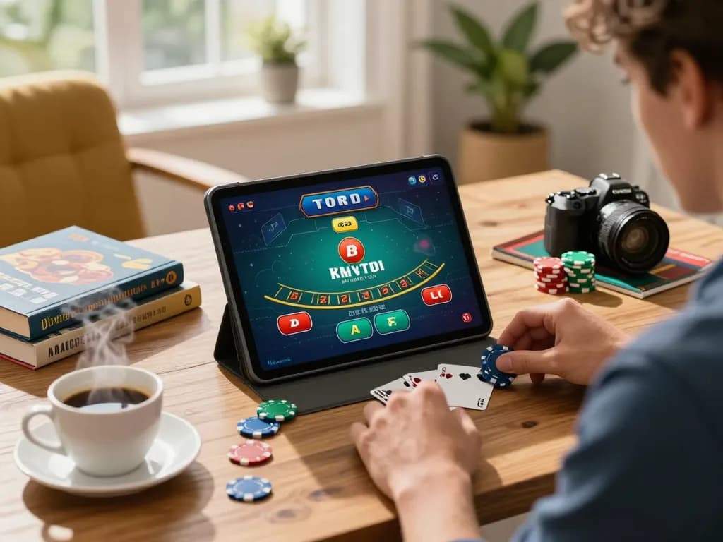 Player engaging with iwin blackjack game on tablet amidst cozy home setup, showing strategic betting.