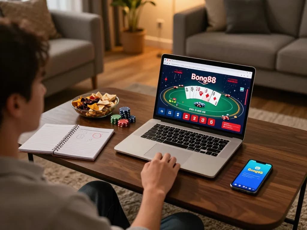 Bong88 player engaging in online poker gaming with strategy notes and snacks in cozy home setting