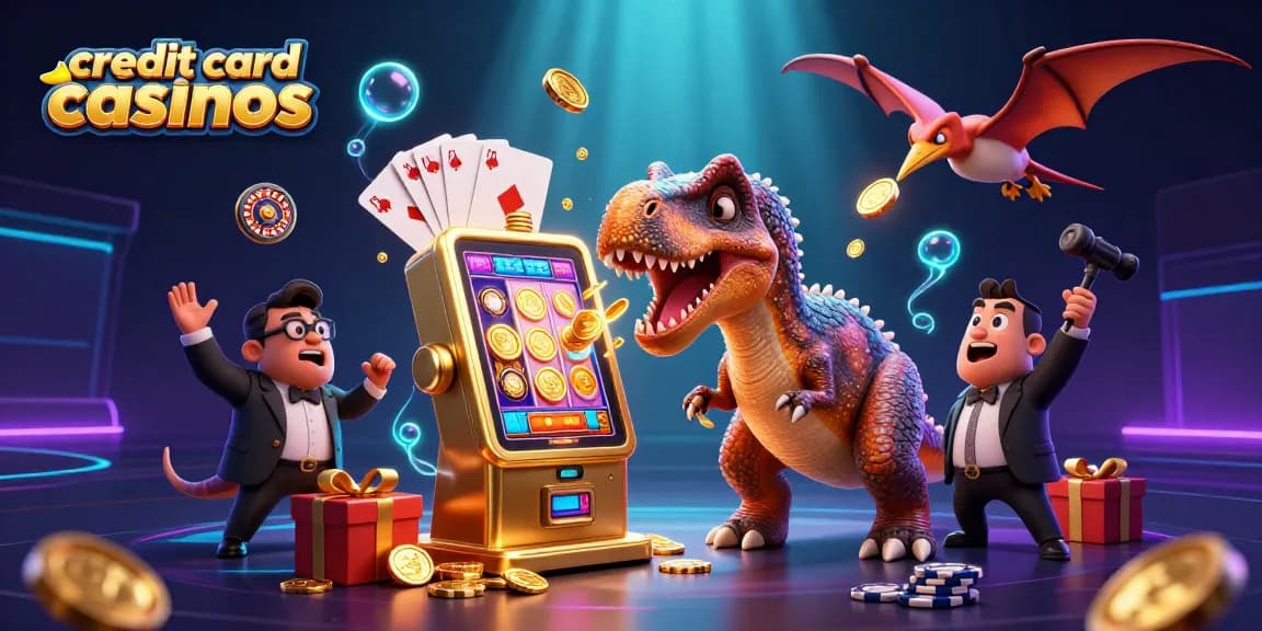 Engaging scene of credit card casinos with vibrant characters celebrating a jackpot win.